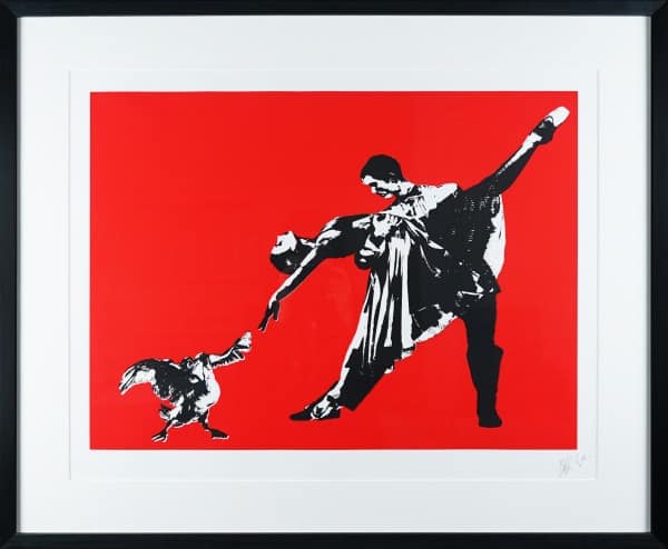 Oeuvre attribuee a Blek le Rat : danseurs en pochoir noir sur fond rouge avec une oie.