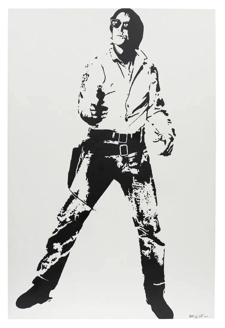 Blek le Rat, Space Cowboy : silhouette noire et blanche armee sur fond clair.