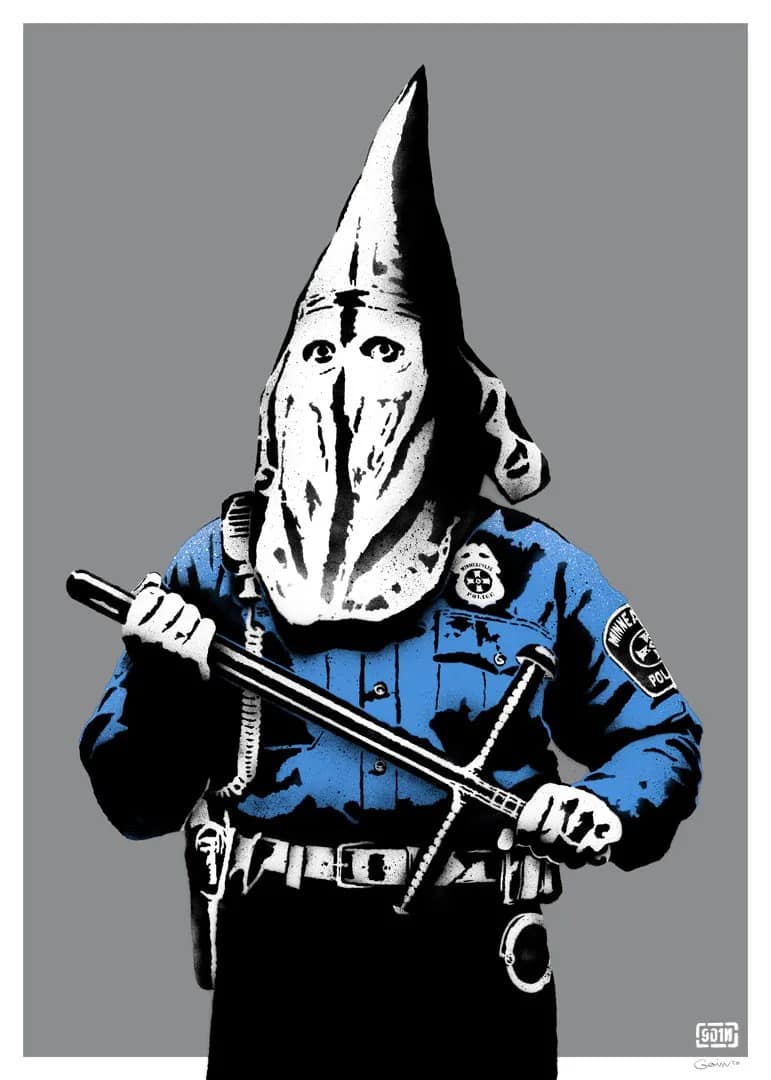 Goin, KKKOP : personnage en cagoule et uniforme bleu sur fond gris.