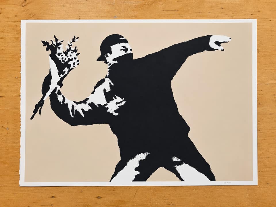 West Country Prince after Banksy, Love Is In The Air Beige.